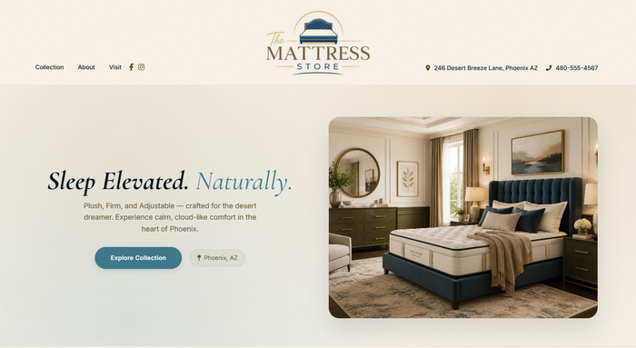 Mattress store website design inspiration - warm 1-page layout for furniture brands